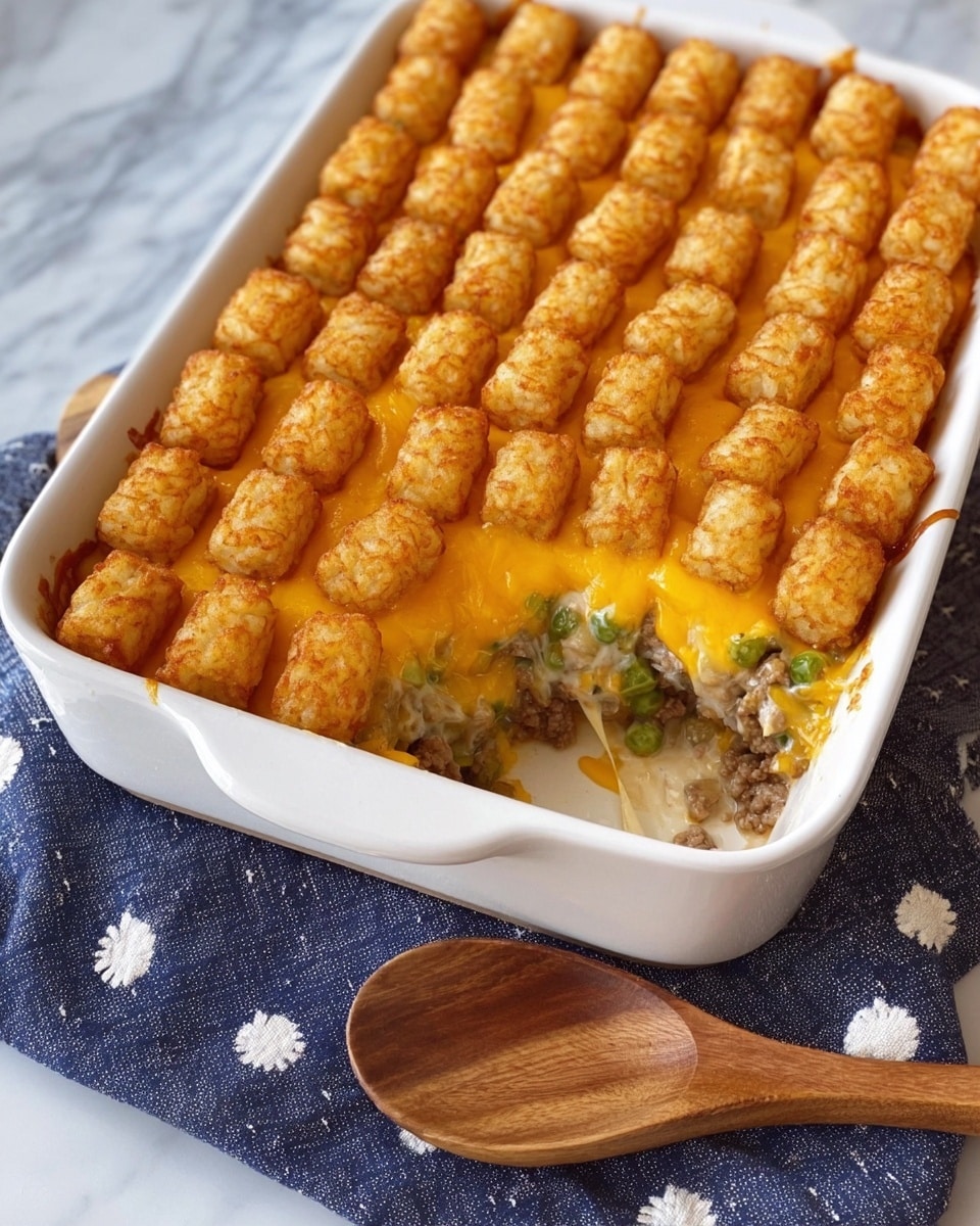 A white rectangular dish filled with a layered casserole topped with evenly spaced golden brown tater tots arranged in neat rows. One empty section at the corner reveals three inner layers: the bottom layer is creamy white with a smooth texture, the middle layer has green vegetables mixed with browned ground meat, and the top inner layer shows melted bright orange cheddar cheese. The dish sits on a dark cloth with white circular patterns, and a wooden spoon with a round bowl shape lies in front of the dish. The surface beneath is a white marbled texture. photo taken with an iphone --ar 4:5 --v 7