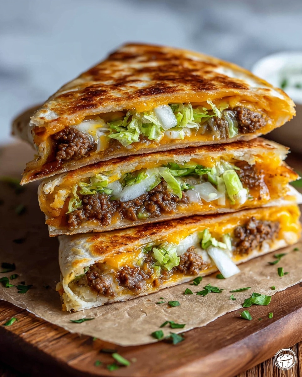 A stack of three grilled quesadillas cut into triangles, each one showing several layers: a crispy golden-brown outer tortilla with a slightly bubbly and toasted texture, a layer of melted bright orange cheddar cheese, juicy browned ground beef, fresh chopped green lettuce, and small pieces of white onion. The quesadillas sit on a sheet of brown parchment paper over a wooden board, with some small green herbs sprinkled around. The background has a soft focus with a white marbled texture visible. Photo taken with an iphone --ar 4:5 --v 7