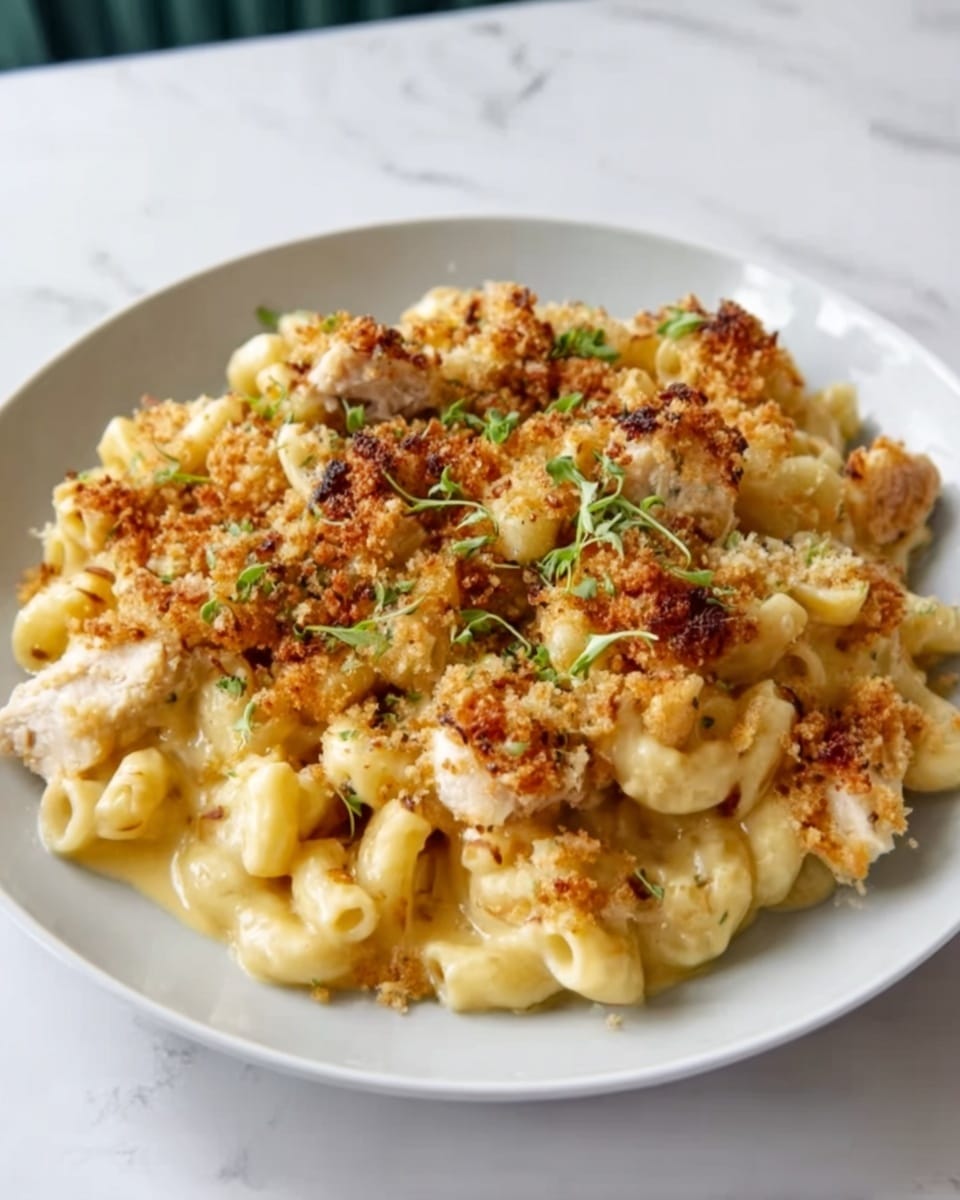 The image shows a plate of creamy macaroni and cheese topped with golden brown crumbs and small pieces of chicken. The macaroni is light yellow, covered in a smooth cheese sauce, and the crumb topping is crispy with a mix of golden and darker brown shades. Small green herbs are sprinkled on top, adding a touch of color. The dish is served on a white plate placed on a white marbled surface, creating a clean and bright background. photo taken with an iphone --ar 4:5 --v 7