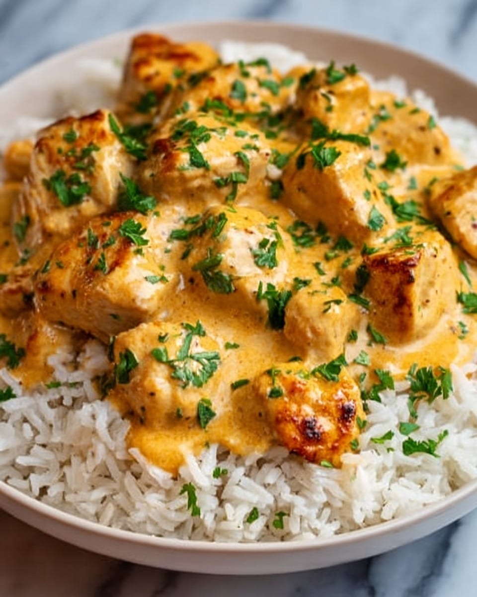A white bowl filled with a bed of fluffy white rice at the bottom, topped with several pieces of golden-brown grilled chicken coated in a thick, creamy, orange-yellow sauce. Small green parsley leaves are scattered evenly over the chicken, adding a fresh touch of color. The rice looks soft and slightly separated, while the sauce appears smooth and rich. The bowl is set on a white marbled surface. photo taken with an iphone --ar 4:5 --v 7
