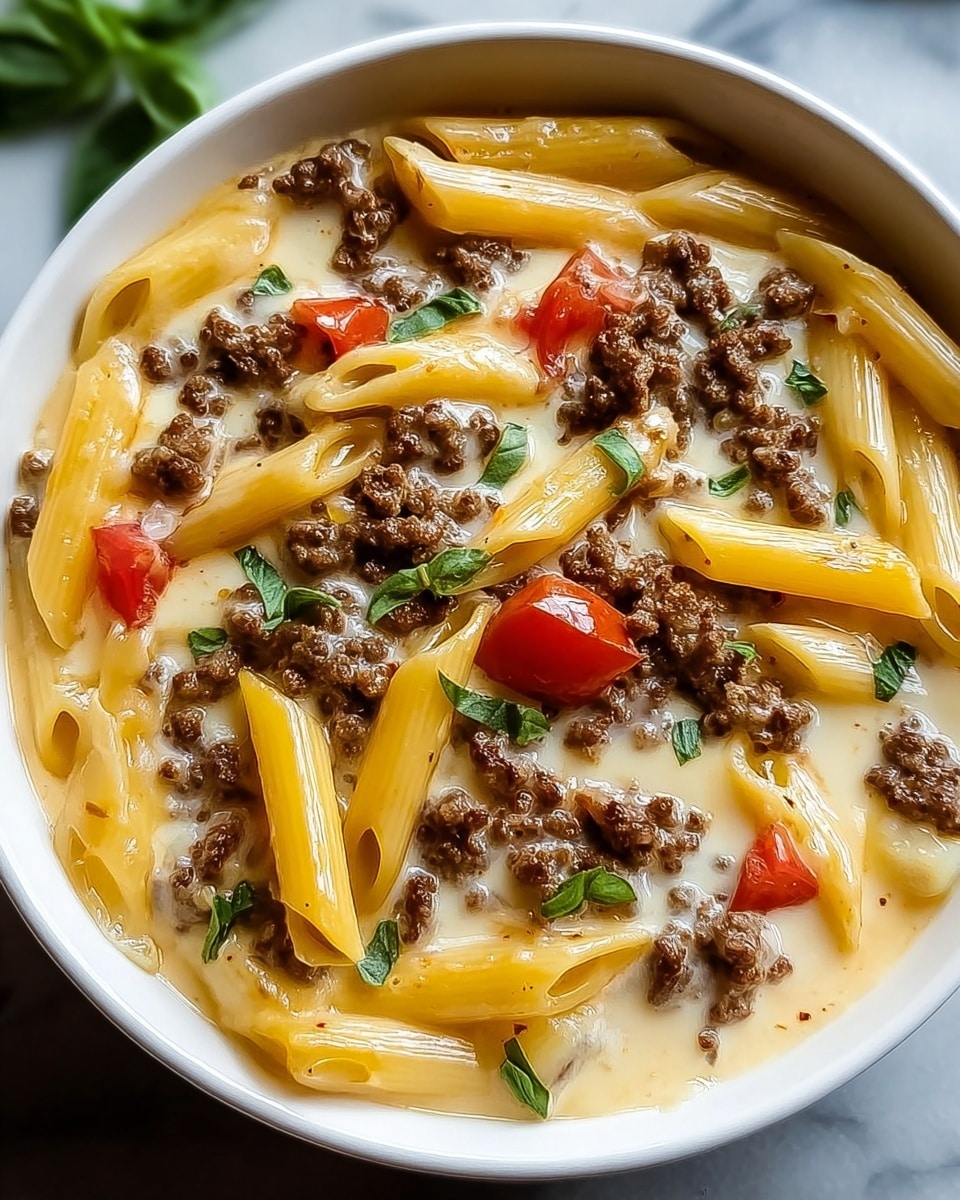 A white bowl filled with creamy pasta layered with smooth, melted cheese that covers the bottom and edges. Scattered over the cheese are cooked ground beef pieces, dark brown and slightly crumbly, and whole penne pasta, pale yellow with a glossy texture, some dipped in the cheese sauce. Small red tomato pieces and green fresh basil leaves are sprinkled on top, adding color contrast. Everything rests on a white marbled surface. photo taken with an iphone --ar 4:5 --v 7