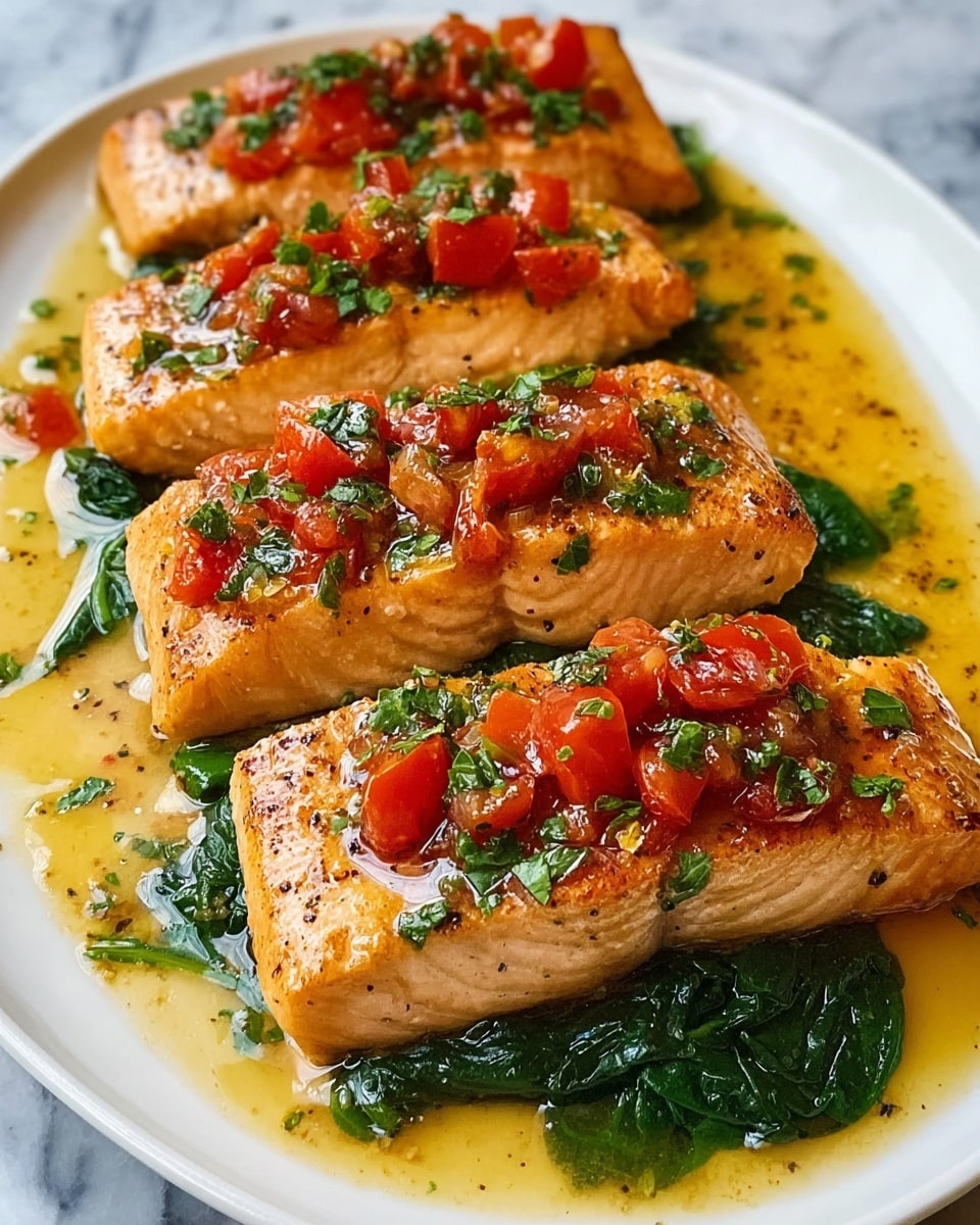 The image shows a white plate holding three thick salmon fillets arranged in a slightly diagonal line. Each fillet is a rich pink color with a golden-brown, seared surface, showing light grill marks and specks of black pepper. Underneath each fillet is a bed of wilted, dark green spinach, adding a soft texture contrast. On top of the salmon are small chunks of bright red tomatoes, scattered unevenly, with small pieces of fresh green herbs sprinkled over them for garnish. The plate has a thin pool of glossy, amber-colored sauce around the fillets, enhancing the shiny appearance of the dish. The background is a white marbled surface. photo taken with an iphone --ar 4:5 --v 7