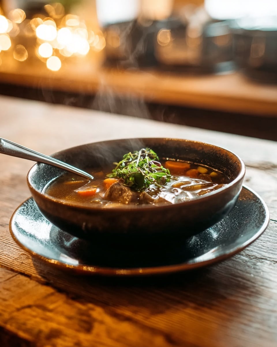 A dark brown bowl sits on a matching dark brown plate, placed on a rustic wooden table. Inside the bowl, there is a steaming hot soup with a rich broth, containing visible pieces of meat, light beige mushrooms, and small orange vegetable bits. On top of the soup, fresh green parsley leaves add a pop of color. A silver spoon rests inside the bowl on the right side. The background is softly blurred with warm lighting. photo taken with an iphone --ar 4:5 --v 7