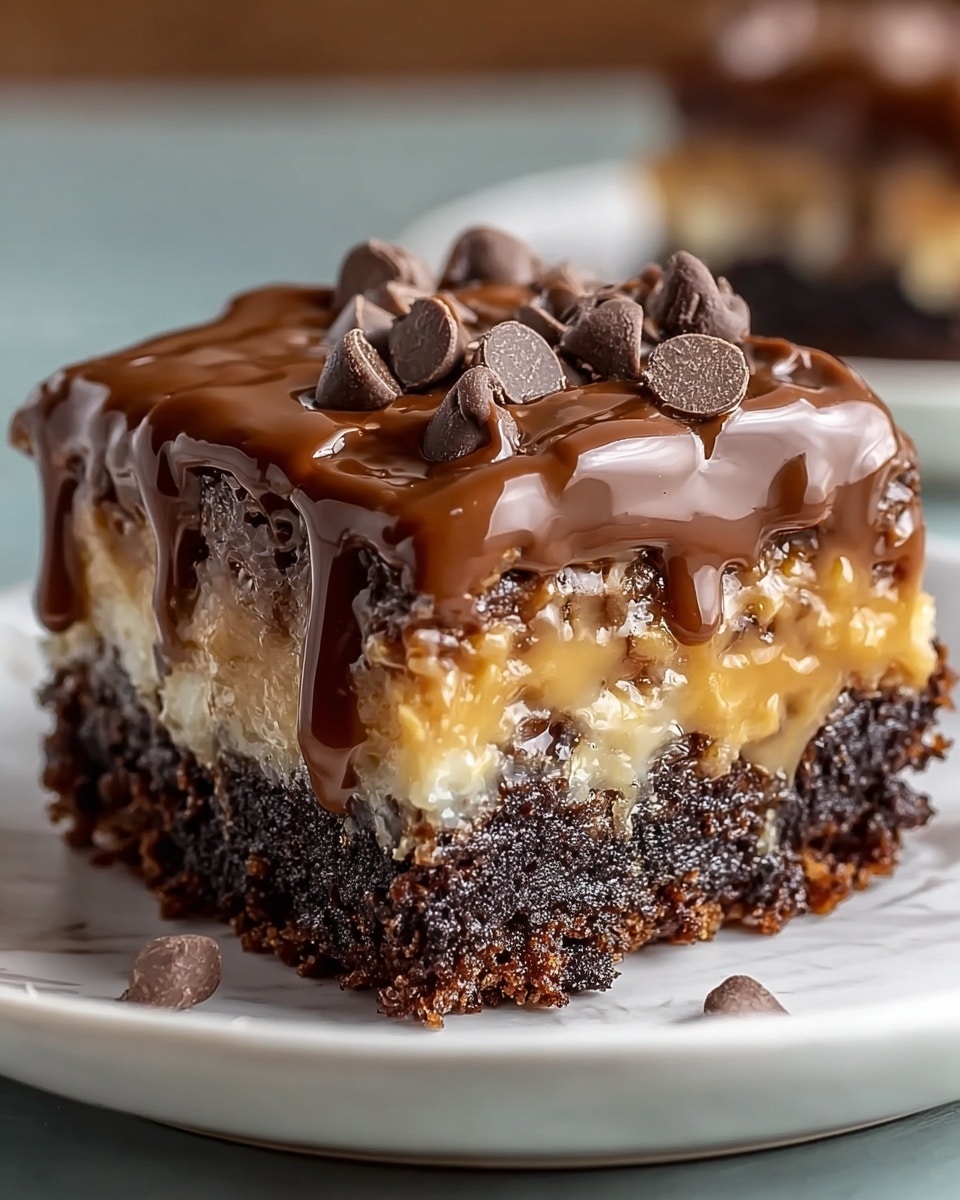 A round chocolate cake sits on a wooden board with three visible layers; the bottom layer is a dark brown cake with a rough crumb texture, the middle layer is a smooth, medium brown chocolate filling, and the top layer is a shiny, dark chocolate ganache spread evenly. A pile of fresh blackberries with a glossy, bumpy texture and deep purple-black color decorates the center on top of the cake. The setting shows a blurred purple flower plant in a pot in the background. The cake is on a white marbled textured surface. photo taken with an iphone --ar 4:5 --v 7