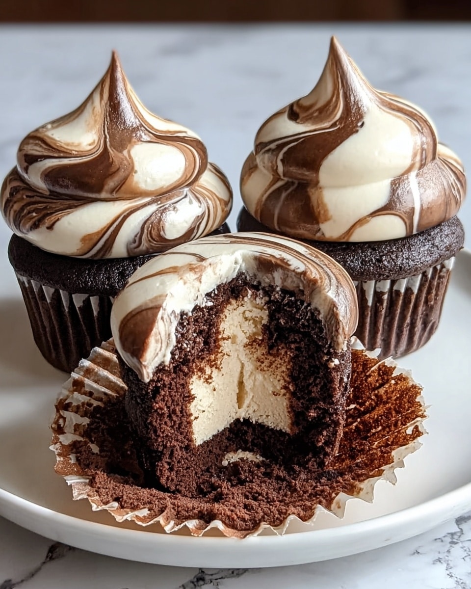 A close-up image of a chocolate cake slice showing three layers: the bottom and middle layers are dark, moist chocolate cake with crumbly texture, and between them is a thick, creamy, lighter brown chocolate filling. The top layer is covered with smooth, rich chocolate frosting spread in soft swirls, and it is decorated with small dark chocolate shavings. The cake sits on a white plate over a white marbled surface. Photo taken with an iphone --ar 4:5 --v 7