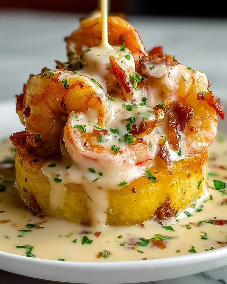A single stack of food sits in the center of a white plate on a white marbled texture. The bottom layer is a round, golden yellow cake or polenta with a slightly crispy texture. Covering the cake is a creamy, white sauce with specks of herbs and spices, which drips down the sides. A few chunks of shrimp or seafood are mixed in the sauce on top. Resting on the cake and sauce is a large, cooked shrimp with an orange-pink shell and white flesh, also coated in the creamy sauce. Small pieces of fresh green herbs are sprinkled on the sauce and shrimp, adding a touch of color. A woman's hand pours more creamy sauce from above, creating a smooth flow over the shrimp. photo taken with an iphone --ar 4:5 --v 7