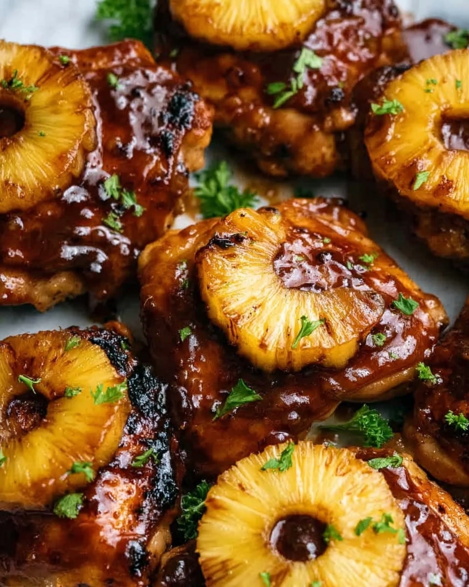 The image shows several pieces of grilled chicken thighs covered in a thick, shiny, dark brown glaze that looks sticky and caramelized. Each piece of chicken has a slice of grilled pineapple on top, which is golden yellow with slight browning at the edges. Small green parsley leaves are scattered on and around the chicken, adding a touch of fresh color. The dish is set on a white marbled surface, focusing closely on the rich textures and vibrant colors of the chicken and pineapple. photo taken with an iphone --ar 4:5 --v 7