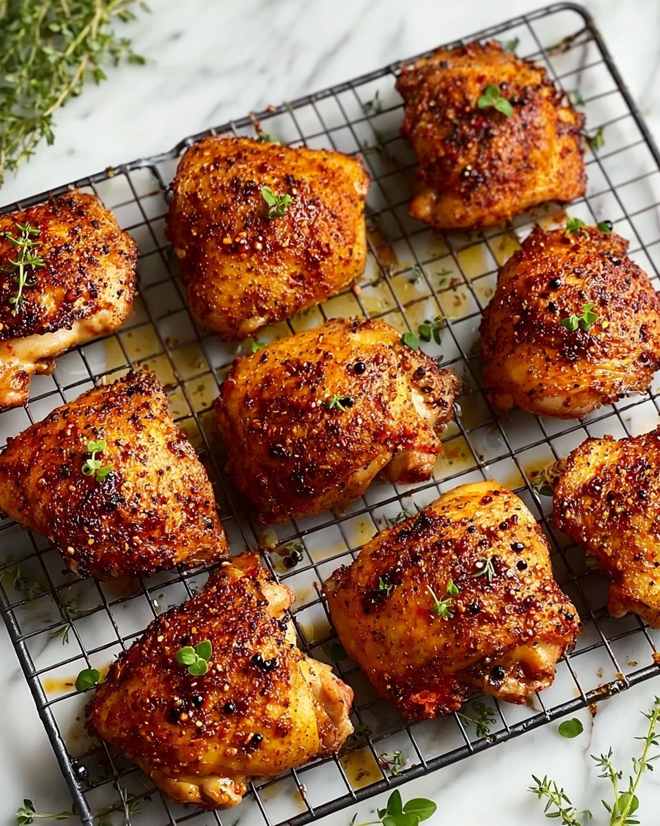 The image shows nine pieces of cooked chicken thighs resting on a black wire cooling rack, which is placed on a surface with white marbled texture. Each piece of chicken has a crispy, reddish-brown crust with visible seasoning and herbs, giving them a textured and slightly burnt appearance. The chicken skin looks golden and slightly oily with some areas darker from the spices. A few green herb sprigs are scattered near the edges of the rack, adding a fresh touch to the presentation. The overall look is warm and savory, emphasizing the well-seasoned, roasted chicken thighs. Photo taken with an iphone --ar 4:5 --v 7