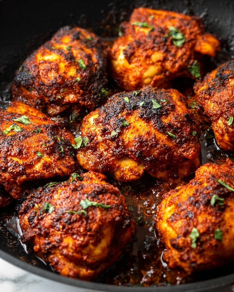The image shows a close-up of seven pieces of cooked chicken thighs in a black pan, each piece covered in a rich, reddish-brown spice crust with visible charred spots, giving a textured, slightly crispy look. The chicken is browned and glistening with juices and oil, with small green herb leaves scattered on top. The dark pan contrasts with the vibrant color of the chicken, and the background is a white marbled texture. photo taken with an iphone --ar 4:5 --v 7