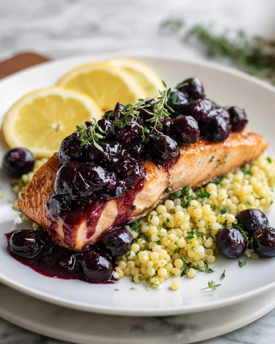 A white plate holds a meal with three main layers. The bottom layer is a bed of yellowish, small round grains mixed with green herbs. On top of this sits a thick piece of cooked salmon, pink with slightly browned edges. Covering the salmon is a shiny, dark purple blueberry sauce with whole blueberries scattered on top, some adorned with small green herb sprigs. On the side of the plate are two lemon wedges and extra blueberries, with a few green herb sprigs placed around for garnish. The plate rests on a white marbled textured surface. photo taken with an iphone --ar 4:5 --v 7