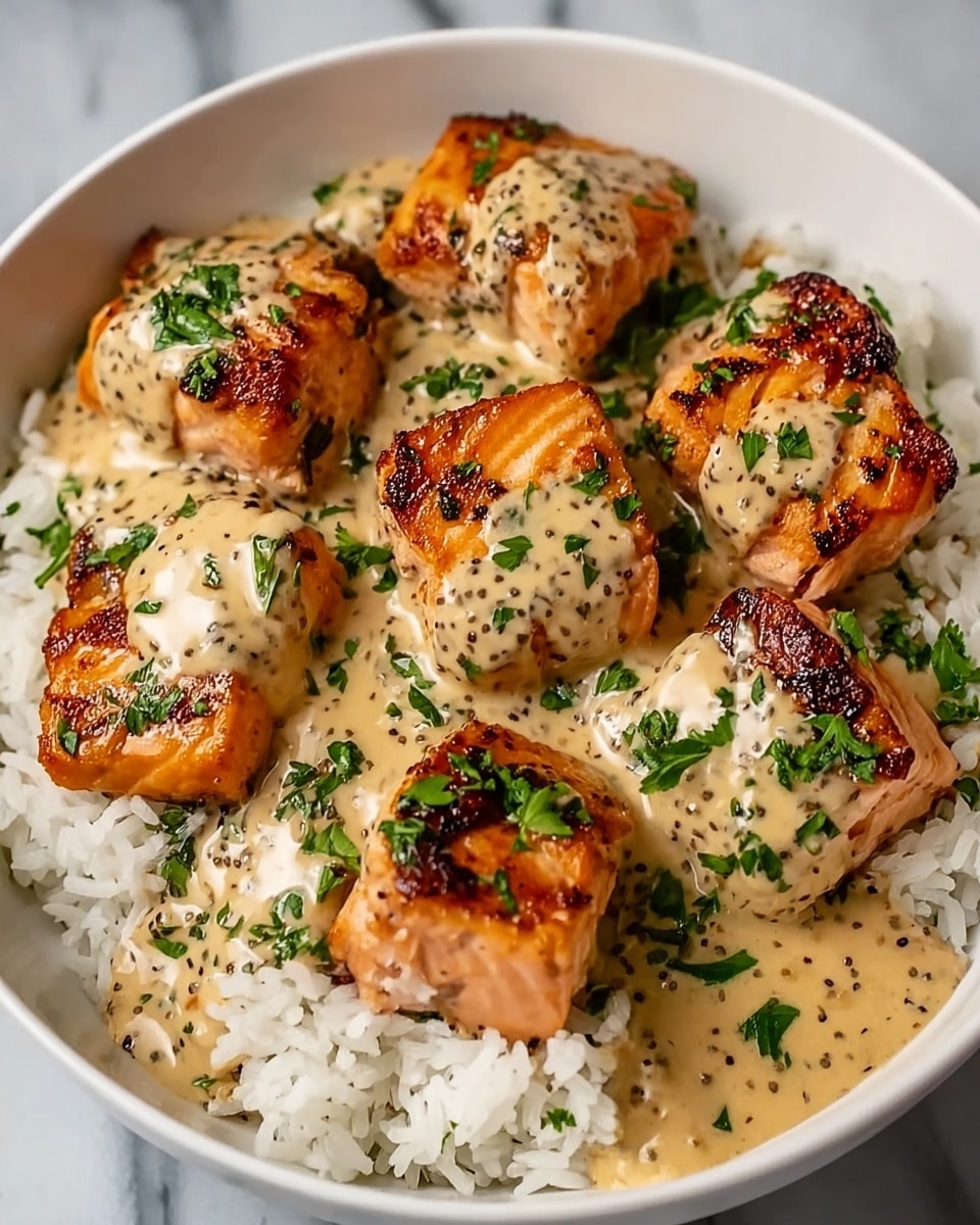 A white bowl filled with a base layer of fluffy white rice, topped with six thick, grilled salmon cubes that have a rich golden-brown, slightly charred crust. Each salmon piece is coated with a creamy, light beige sauce speckled with black pepper, and sprinkled with fresh, finely chopped green herbs. The bowl sits on a white marbled surface. Photo taken with an iphone --ar 4:5 --v 7