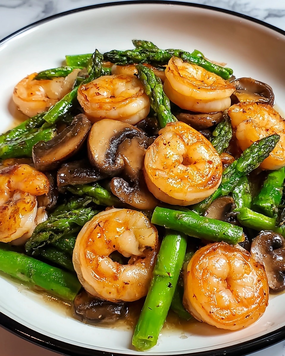 A close-up shot of a white plate with a black rim holding a dish of cooked shrimp, asparagus, and mushrooms. The shrimp are golden with a slight char, placed on top and throughout the dish, curling in a spiral shape. Beneath the shrimp, vibrant green asparagus stalks lay in varying directions, showing some texture and glistening with oil. Dark brown, sliced mushrooms mix evenly among the shrimp and asparagus, their smooth, shiny surfaces reflecting light. The dish looks glossy and well-cooked, highlighting the textures and colors of each ingredient. Photo taken with an iphone --ar 4:5 --v 7