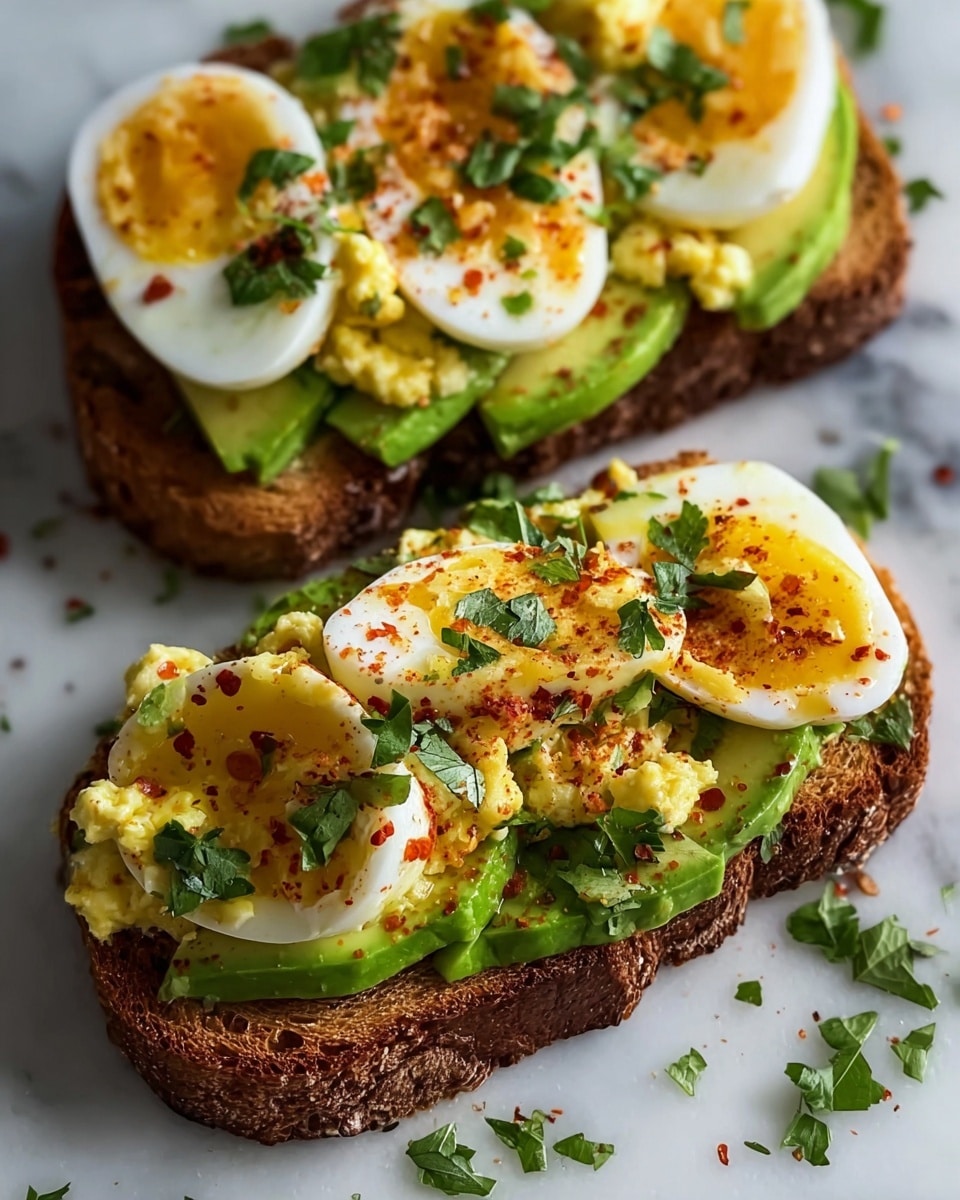 Two slices of toasted brown bread are placed on a white marbled surface. Each slice is topped with a layer of green avocado slices, followed by halved boiled eggs with creamy yellow scrambled eggs on top. The eggs are sprinkled with small green fresh herb pieces and a light dusting of reddish-brown spices. A slight drizzle of golden oil adds shine to the surface of the eggs, and a few herb pieces are scattered around the toast. photo taken with an iphone --ar 4:5 --v 7