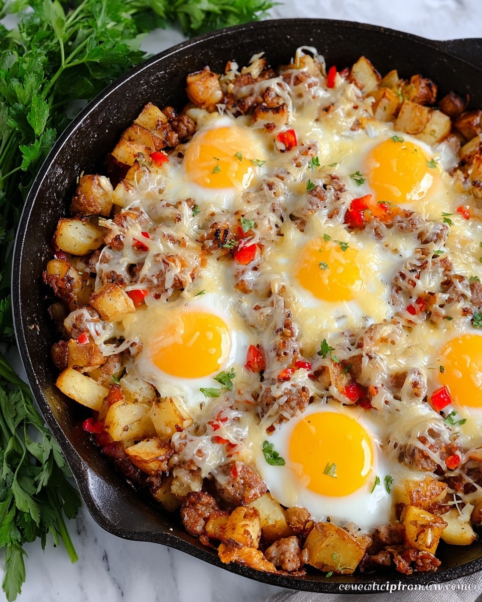 A black cast iron skillet filled with a layered breakfast dish, starting with a base of small golden-brown cooked potato cubes mixed with browned sausage pieces and bits of red bell pepper. On top, there are four cooked eggs with soft white edges and slightly runny yolks in the center. The entire dish is covered with melted shredded cheese that is light yellow and creamy white, melted unevenly over the potatoes and sausage, giving a rich texture. In the background, fresh green parsley leaves rest on a white marbled surface, adding a fresh touch to the warm, hearty meal. photo taken with an iphone --ar 4:5 --v 7