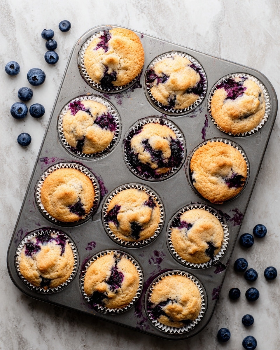 A metal muffin tray holds twelve freshly baked muffins with golden-brown tops. Each muffin is in a white paper cup and shows dark purple blueberry juice bursting from inside, creating cracks on the surface and some purple stains on the tray. Around the tray, whole fresh blueberries are scattered on a white marbled surface, adding contrast with their deep blue color and smooth texture. The muffins have a soft, slightly bumpy surface with visible blueberry pockets showing inside the cracks. photo taken with an iphone --ar 4:5 --v 7