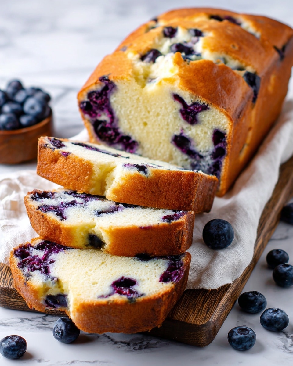 The image shows a loaf of blueberry cake with a golden brown top crust and a spongy, light yellow inside. The cake is cut into thick slices that reveal many dark purple blueberries scattered inside the soft, moist layers. The top layer has a slightly cracked texture where the blueberries peek through. The loaf rests on a white cloth on a wooden board, with fresh blueberries scattered around it. The background is a white marbled surface, making the colors of the cake and blueberries stand out. photo taken with an iphone --ar 4:5 --v 7