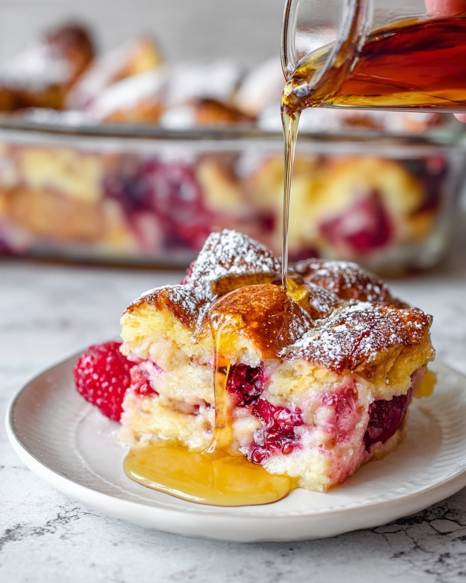 A piece of bread pudding sits on a white plate with a brown rim, showing at least three layers: a top golden-brown baked crust dusted with powdered sugar, a middle soft creamy layer mixed with bright red raspberries, and a bottom pale yellow baked base. Warm maple syrup is being poured over the pudding from a clear glass bottle, creating a thin golden stream that drips down the sides. The plate is on a wooden board with a white marbled background, and a metal fork rests near the back edge of the plate. In the blurred background, a glass baking dish holds more pieces of the same pudding with visible white cream and red berry swirls. Photo taken with an iphone --ar 4:5 --v 7