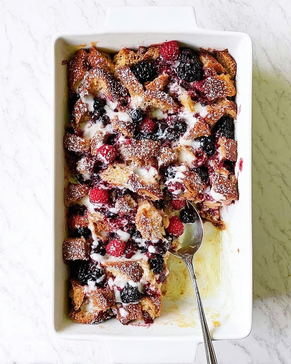 The image shows a baked berry bread pudding in a white rectangular dish. The top layer has golden-brown toasted bread chunks mixed with fresh red raspberries, blackberries, and dark blueberries, all drizzled with a light creamy sauce and dusted with powdered sugar. Part of the dish is scooped out, revealing a moist and soft bread layer soaked in custard beneath the berries. A silver fork rests in the empty part of the dish, which sits on a white marbled surface. photo taken with an iphone --ar 4:5 --v 7