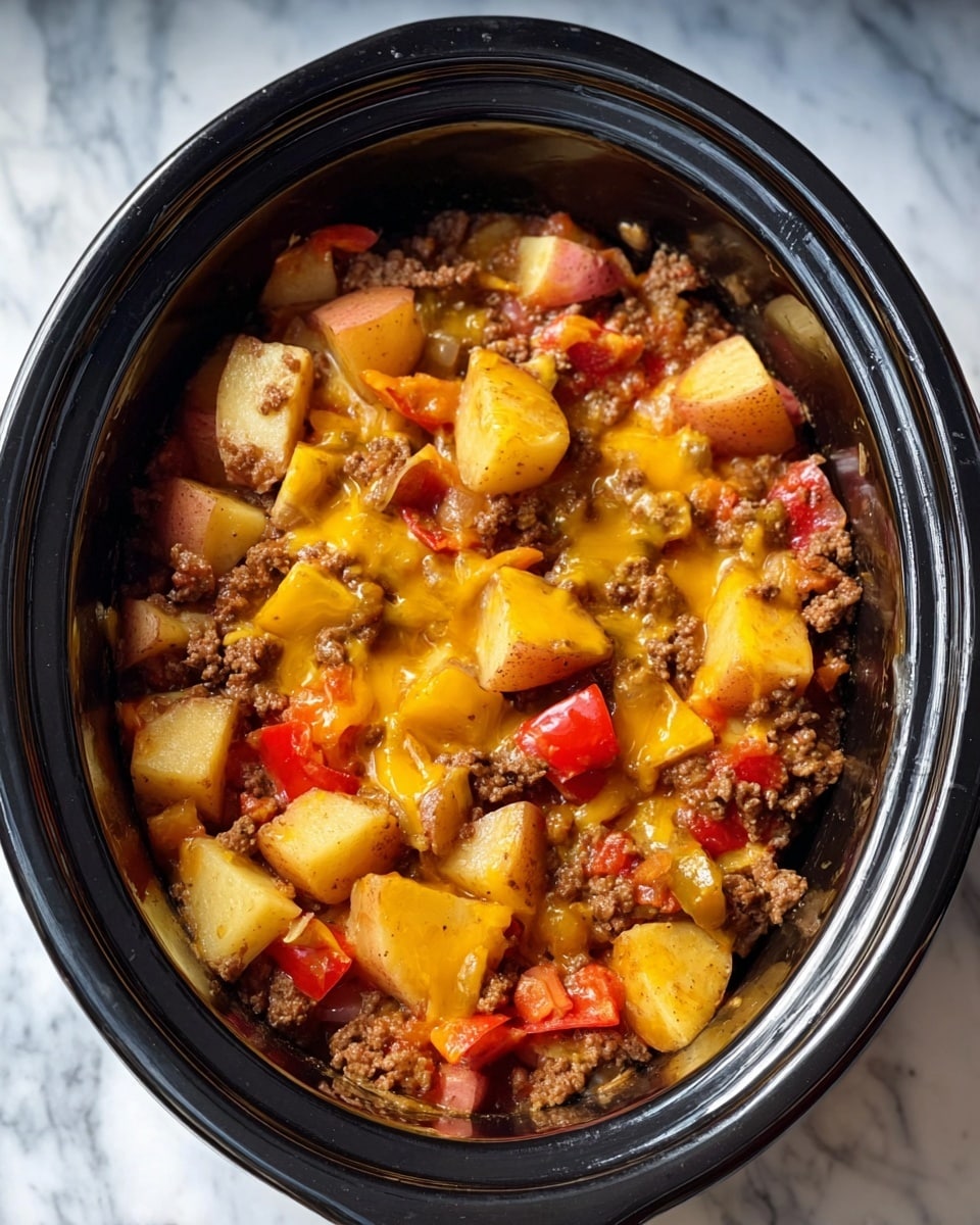 The image shows a slow cooker filled with a layered dish. The bottom layer is made up of cooked ground beef in dark brown color. On top of it are chunks of potatoes and some pieces of red-skinned potatoes mixed in, with light beige and red colors. The next layer is melted cheese in bright yellow covering much of the dish. Scattered on top are some green pieces that look like sliced green peppers and small bits of red pepper. The slow cooker is black and sits on a white marbled surface. A woman's hand is holding the side of the cooker. Photo taken with an iphone --ar 4:5 --v 7