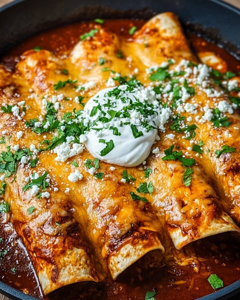 The image shows four rolled tortillas placed side by side in a black pan filled with rich red sauce. The tortillas are covered with melted cheese that is golden and slightly brown in some spots. On top of the cheese and sauce, there is a dollop of white sour cream sprinkled with chopped green cilantro and white crumbly cheese. The sauce looks thick and glossy, surrounding the tortillas and filling the pan. The black pan contrasts with the warm colors of the food photo taken with an iphone --ar 4:5 --v 7