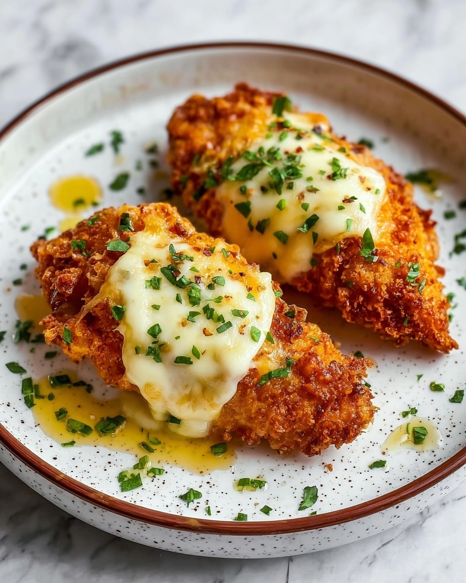Two pieces of crispy fried chicken are arranged side by side on a white speckled plate with a brown rim. Each piece is golden brown with a rough, crunchy texture, topped with a layer of melted white cheese that looks creamy and slightly gooey. The cheese is sprinkled with small green herbs that add a fresh contrast to the warm colors. Around the chicken, small drops of oil glisten on the plate, and more scattered herbs are visible. The plate is resting on a white marbled surface. photo taken with an iphone --ar 4:5 --v 7