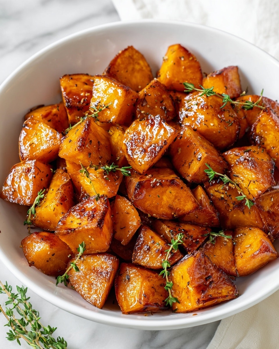 The dish shows a white bowl filled with golden-brown roasted sweet potato chunks. Each chunk is caramelized with a shiny glaze, showing crisp, slightly darkened edges and a soft, tender inside with a bright orange color. Small green sprigs of fresh thyme are scattered evenly over the sweet potatoes, adding a touch of green contrast. The bowl is placed on a white marbled surface, and a few thyme sprigs rest gently next to the bowl. The overall look is warm, rich, and simple, highlighting the roasted texture and vibrant colors of the sweet potatoes. photo taken with an iphone --ar 4:5 --v 7