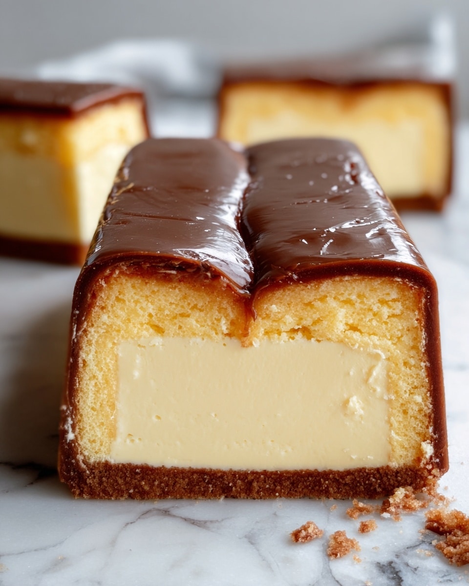 The image shows a close-up view of a rectangular cake with two distinct layers visible in the slice. The outer layer is a smooth, glossy brown crust with a slightly cracked top, covering the entire cake. Inside, there is a thick, creamy yellow layer that looks soft and dense, almost like custard. The cake sits directly on a white marbled surface with a few crumbs scattered around. The focus is on the front slice, with blurred portions of the cake in the background. Photo taken with an iphone --ar 4:5 --v 7