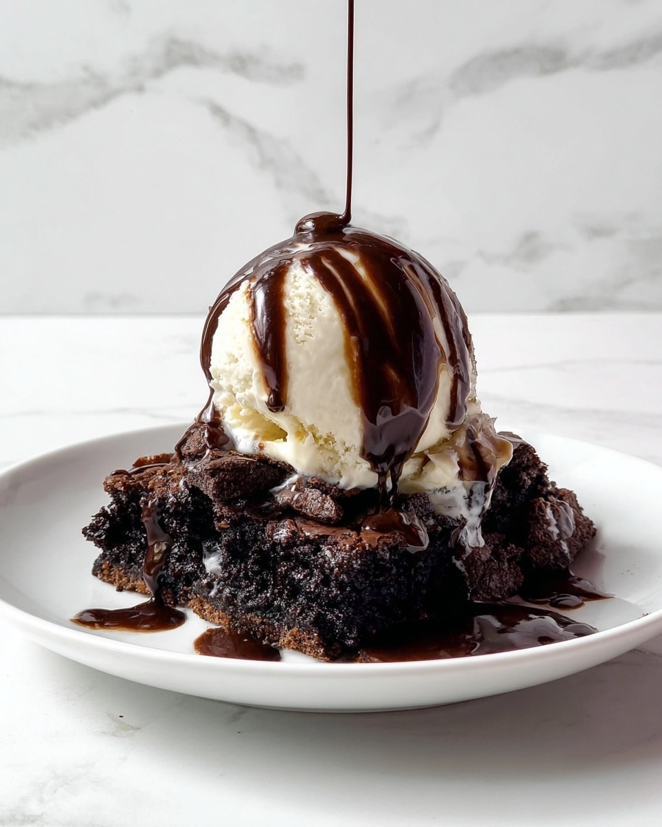 A white plate holds a dessert with three main layers: the bottom layer is crumbled dark chocolate brownie pieces with a rough texture, the middle layer is a smooth, creamy scoop of vanilla ice cream placed on top of the brownies, and the top layer is thick, glossy dark chocolate sauce being poured over the ice cream and dripping down onto the brownies, creating shiny dark streaks. The plate is set against a white marbled texture background. photo taken with an iphone --ar 4:5 --v 7
