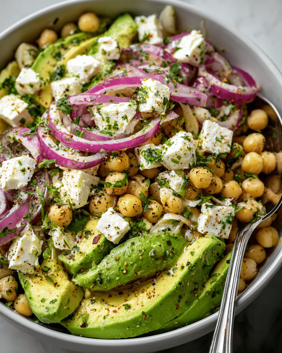 A close-up view of a white bowl filled with a colorful salad. The bottom layer has sliced green avocado with a creamy and soft texture, topped with plump, round, light brown chickpeas scattered all over. Thin, curved slices of purple-red onion mix evenly among the chickpeas and avocado. White chunks of crumbly cheese are spread across the salad, adding a bright contrast. The dish is sprinkled with small green chopped herbs and black pepper bits, adding a fresh and spicy look. A metal spoon is inserted inside the bowl on the right side. The bowl sits on a white marbled surface. Photo taken with an iphone --ar 4:5 --v 7