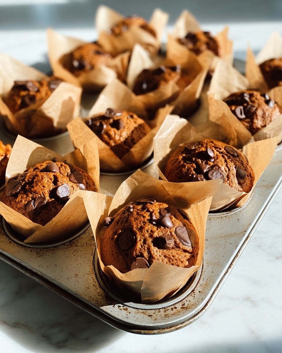A baking tray holds twelve warm-looking chocolate chip muffins each wrapped in light brown parchment paper that extends above the muffin tops. The muffins have a rich brown color with a soft, slightly rough texture and are studded with large, shiny dark brown chocolate chips on the surface. The tray is metal with a worn look, including some marks and rings where the muffins sit. The whole scene sits on a white marbled surface that reflects the bright natural light casting soft shadows. photo taken with an iphone --ar 4:5 --v 7
