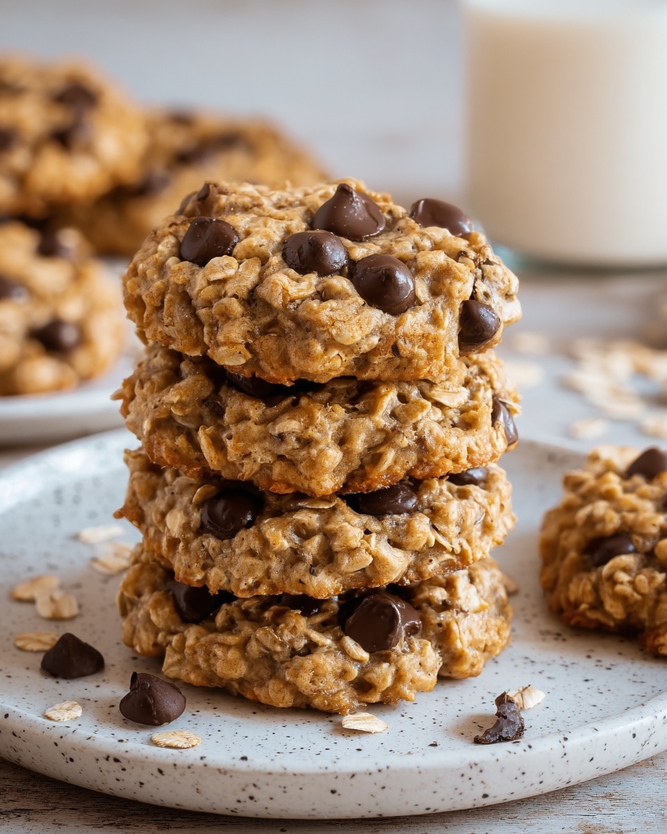 A white speckled plate holds a stack of seven oatmeal chocolate chip cookies, showing a rough and chunky texture with visible oats and dark brown chocolate chips scattered on top. The cookies are round and appear soft with some slight golden browning on the edges. A glass of milk is partly visible on the right side, and more cookies blur softly in the background on a white marbled surface. The overall tone is warm and cozy, focusing on the detailed texture of the cookies photo taken with an iphone --ar 4:5 --v 7