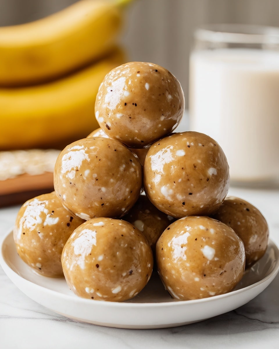 A white plate holds a pyramid of seven round, glossy energy balls that have a light brown color with small white chunks and tiny dark specks spread evenly throughout. The surface of each ball looks smooth and shiny, showing a slightly sticky texture. In the blurred background, there is a glass of milk and a banana resting on a white marbled surface. The image has soft, natural light, emphasizing the texture and color of the energy balls. photo taken with an iphone --ar 4:5 --v 7