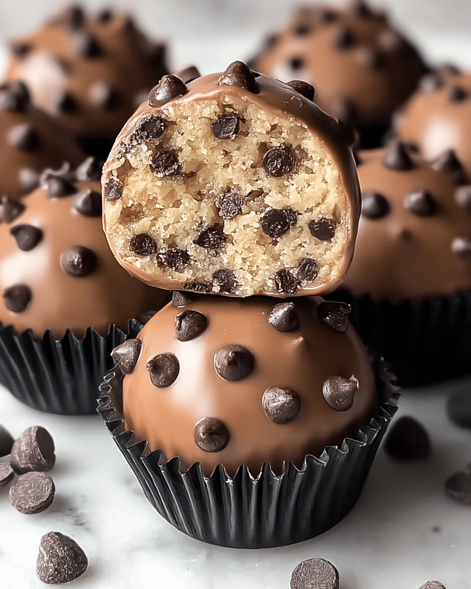 The image shows a close-up of round, creamy brown chocolate-coated treats covered with dark chocolate chips on top. One treat is cut in half and placed on top, revealing a dense light beige cookie dough center filled with many small dark chocolate chips. The treats sit on black paper cups against a white marbled background, highlighting their glossy, smooth outer layer and slightly rough, grainy texture inside. photo taken with an iphone --ar 4:5 --v 7