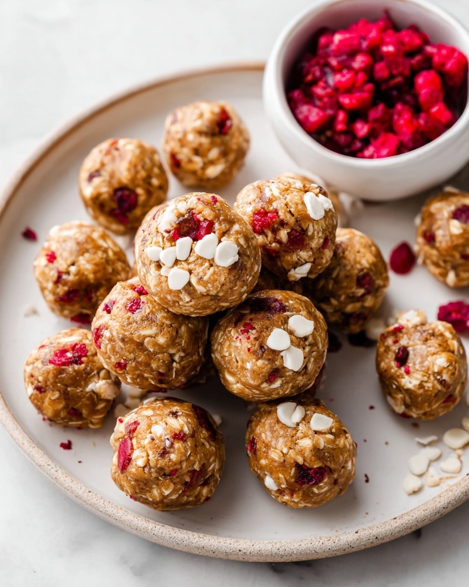 A white plate filled with round energy bite balls made of light brown oats and peanut butter mixture with visible white chocolate chips and small bright red berry pieces mixed inside, showing a rough and chunky texture. Some energy bites are stacked in the center while others are scattered around the plate on a white marbled surface. A white bowl filled with bright red berries is placed in the upper right corner of the image. photo taken with an iphone --ar 4:5 --v 7