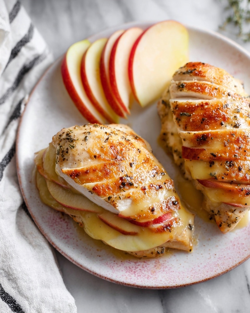 The image shows two stuffed chicken breasts on a white plate with a subtle textured pattern, placed on a white marbled surface. Each chicken breast has a golden-brown, slightly glazed and pepper-speckled top layer. Underneath the chicken top layer are three visible layers of thinly sliced red apple with bright skin and creamy melted cheese slices, which are soft and slightly oozing out between the apple layers. A few small green herb sprigs rest around the chicken, adding a fresh touch. Part of a white cloth with black stripes is visible in the bottom right corner. Photo taken with an iphone --ar 4:5 --v 7