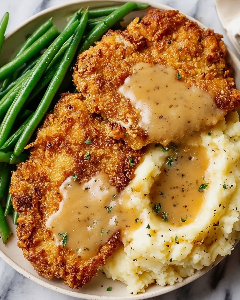 The image shows a white plate with three layers of food. At the bottom left, there is a bunch of bright green, cooked green beans with a smooth texture. On top of the green beans and covering most of the plate are two large pieces of golden-brown fried chicken with a crispy, rough texture. The chicken is topped with a smooth, light brown gravy that drips down to mashed potatoes on the right side of the plate, which have a creamy and slightly chunky texture with small bits of green herbs sprinkled on top. A silver spoon with some mashed potatoes scooped on it is placed on the right edge of the plate. The plate is on a white marbled surface. photo taken with an iphone --ar 4:5 --v 7