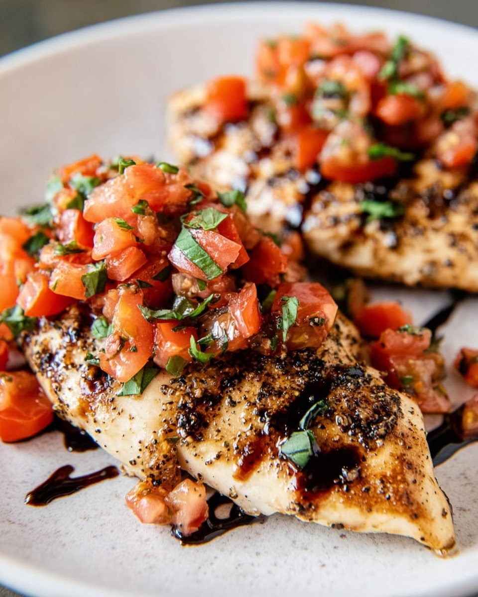 The dish shows two pieces of grilled chicken breast placed on a white plate with a white marbled texture underneath. Each piece of chicken is lightly browned with visible pepper and seasoning on the surface. On top of the chicken are chopped fresh tomatoes mixed with small green basil leaves, adding bright red and green colors. Drizzled on both the chicken and the tomato-basil mixture is a thick, dark balsamic glaze that adds shine and contrast to the dish. The close-up view highlights the texture of the chicken and the freshness of the tomato topping. photo taken with an iphone --ar 4:5 --v 7