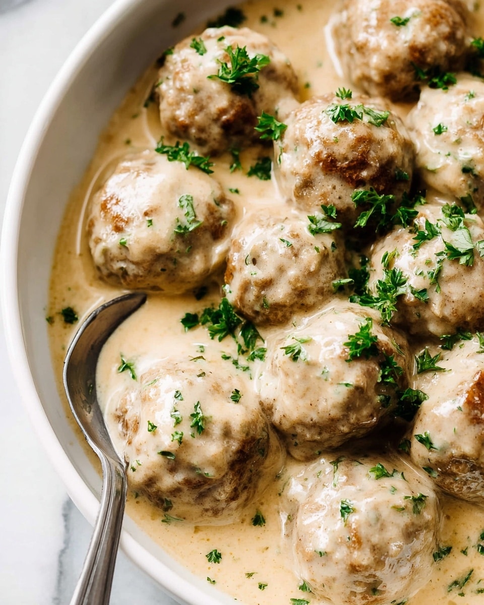 A close-up view of many round meatballs covered in a smooth, creamy beige sauce inside a white bowl. The meatballs have a browned, slightly textured surface peeking through the sauce. Chopped green herbs are scattered on top, adding small bright green spots. A shiny silver spoon is partially submerged in the sauce on the right side of the bowl. The whole scene rests on a white marbled surface. photo taken with an iphone --ar 4:5 --v 7