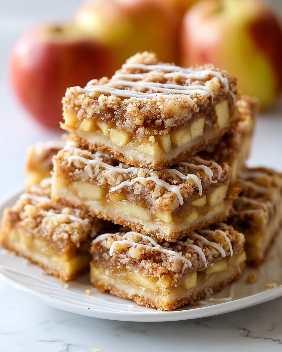 The image shows a stack of six square dessert bars on a white plate, each with three clear layers: a crumbly golden brown bottom crust, a thick middle layer filled with light yellow apple slices mixed with a sticky cinnamon-brown filling, and a rough crumbly golden topping. The top of each bar is drizzled with white icing in diagonal lines, adding a glossy contrast. The plate sits on a white marbled surface, with soft, out-of-focus warm tones in the background. photo taken with an iphone --ar 4:5 --v 7