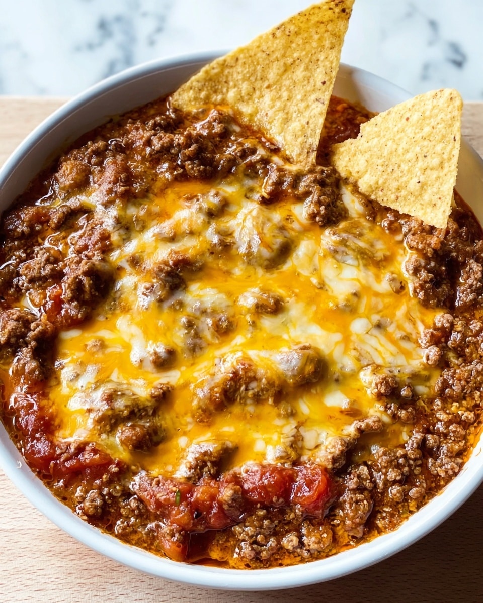 The dish is served in a round white bowl filled with multiple layers. The bottom layer shows a chunky red tomato sauce with bits of tomato visible. On top of this is a hearty layer of browned ground beef scattered evenly across. Covering the beef is a generous layer of melted golden-yellow cheese that spreads in a smooth, glossy texture. Two triangular tortilla chips are partially dipped into the dish at the top right side, standing upright. The bowl is placed on a white marbled surface. photo taken with an iphone --ar 4:5 --v 7