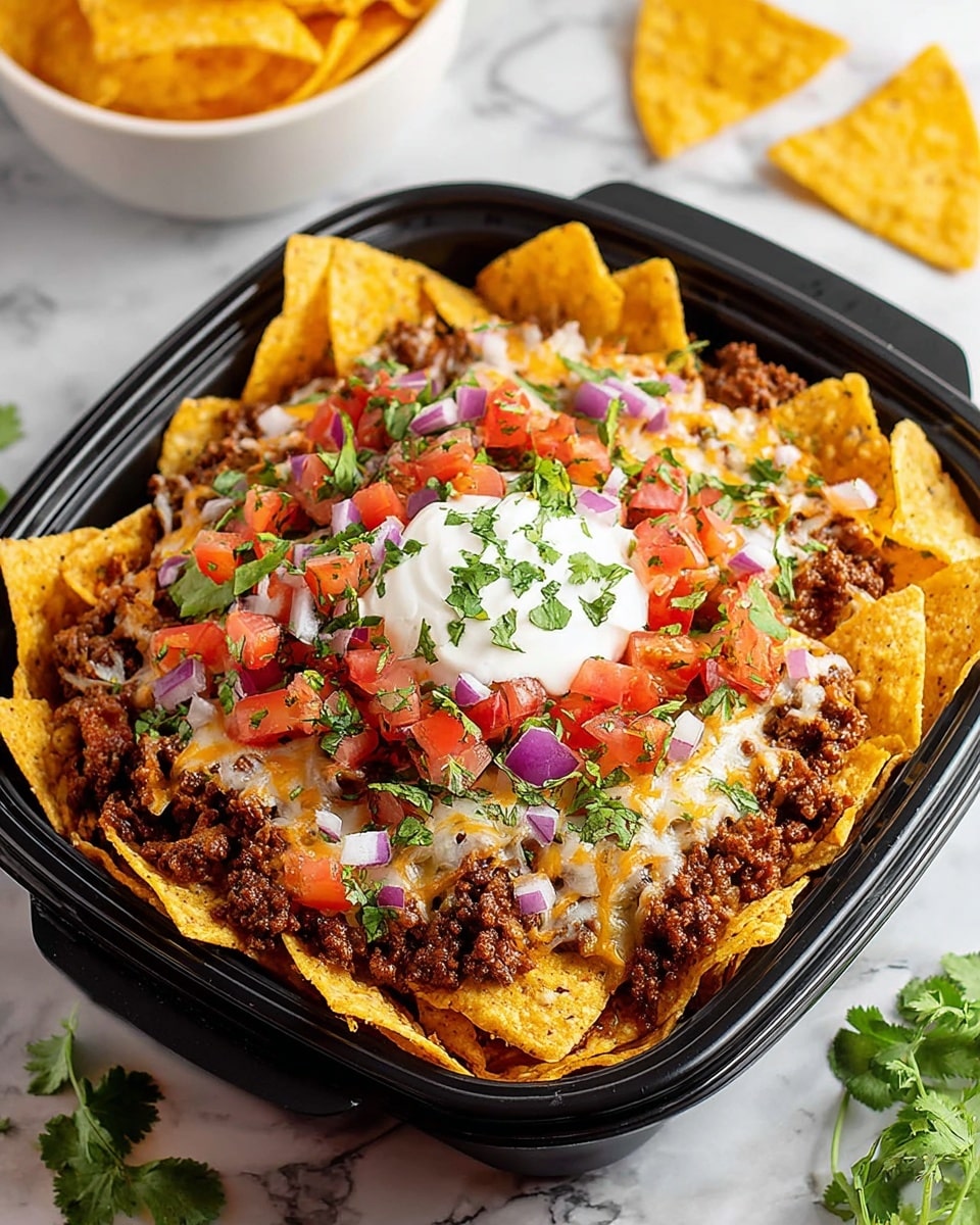 A black rectangular container filled with one layer of golden crunchy tortilla chips arranged upright around the edges, topped with a thick layer of cooked ground beef that is dark brown and crumbly, covered by melted white and yellow shredded cheese that is slightly gooey, then scattered with small diced red tomatoes and purple onion pieces, sprinkled with fresh green chopped cilantro, and finished with a dollop of white creamy sour cream in the center with more cilantro on top. The container sits on a white marbled surface with a few cilantro leaves around, and a white bowl with yellow tortilla chips is visible in the background. Photo taken with an iphone --ar 4:5 --v 7