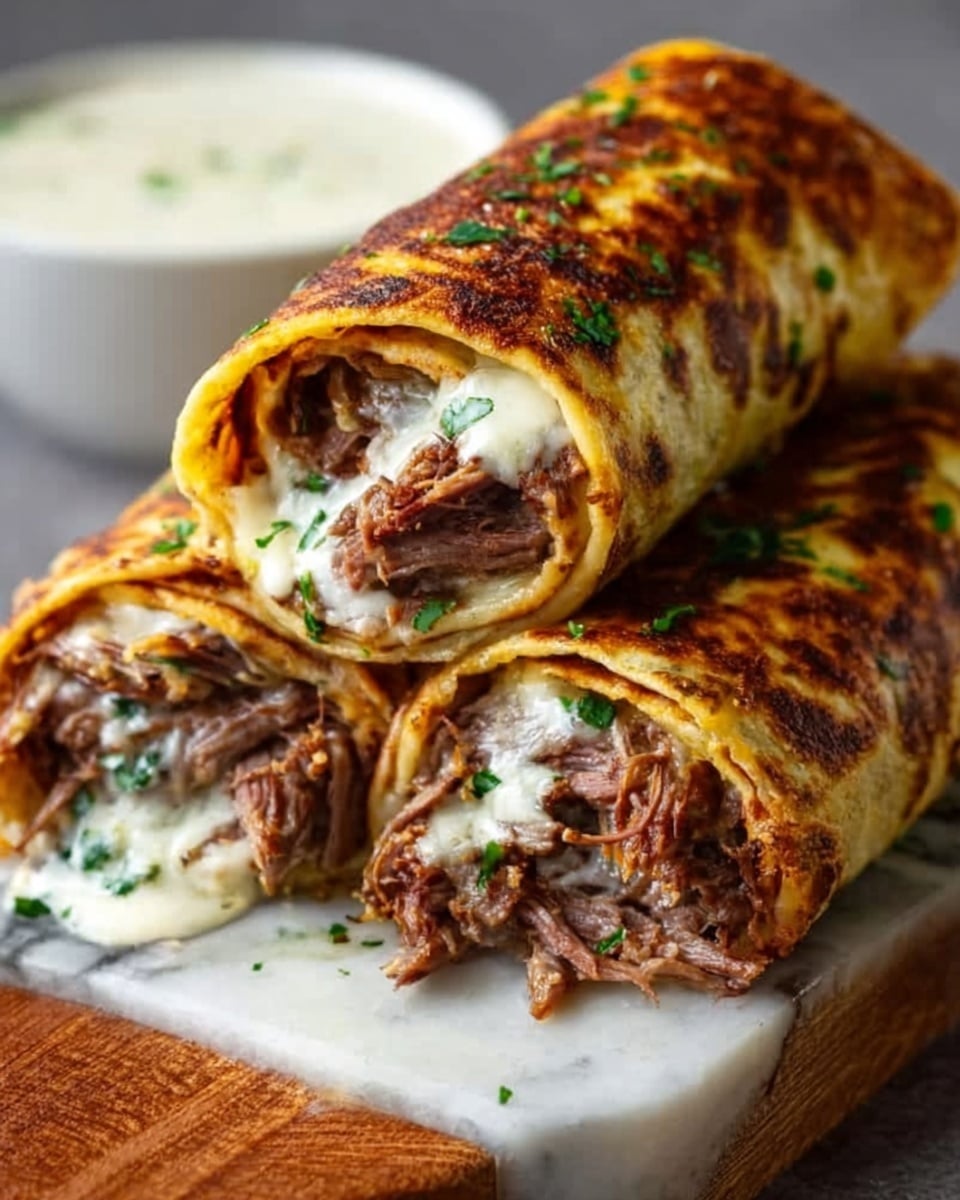 The image shows three grilled wraps stacked on a wooden board with a white marbled surface beneath it. Each wrap has a golden brown, slightly charred outer layer that looks crispy. Inside, there are visible layers of shredded meat in dark brown, melted white cheese, and some green herbs, all tightly rolled together. In the background, a small white bowl with a creamy sauce is partially visible. The overall look is rich and savory, with clear texture from the grilled wrap and smoothness from the cheese. Photo taken with an iphone --ar 4:5 --v 7