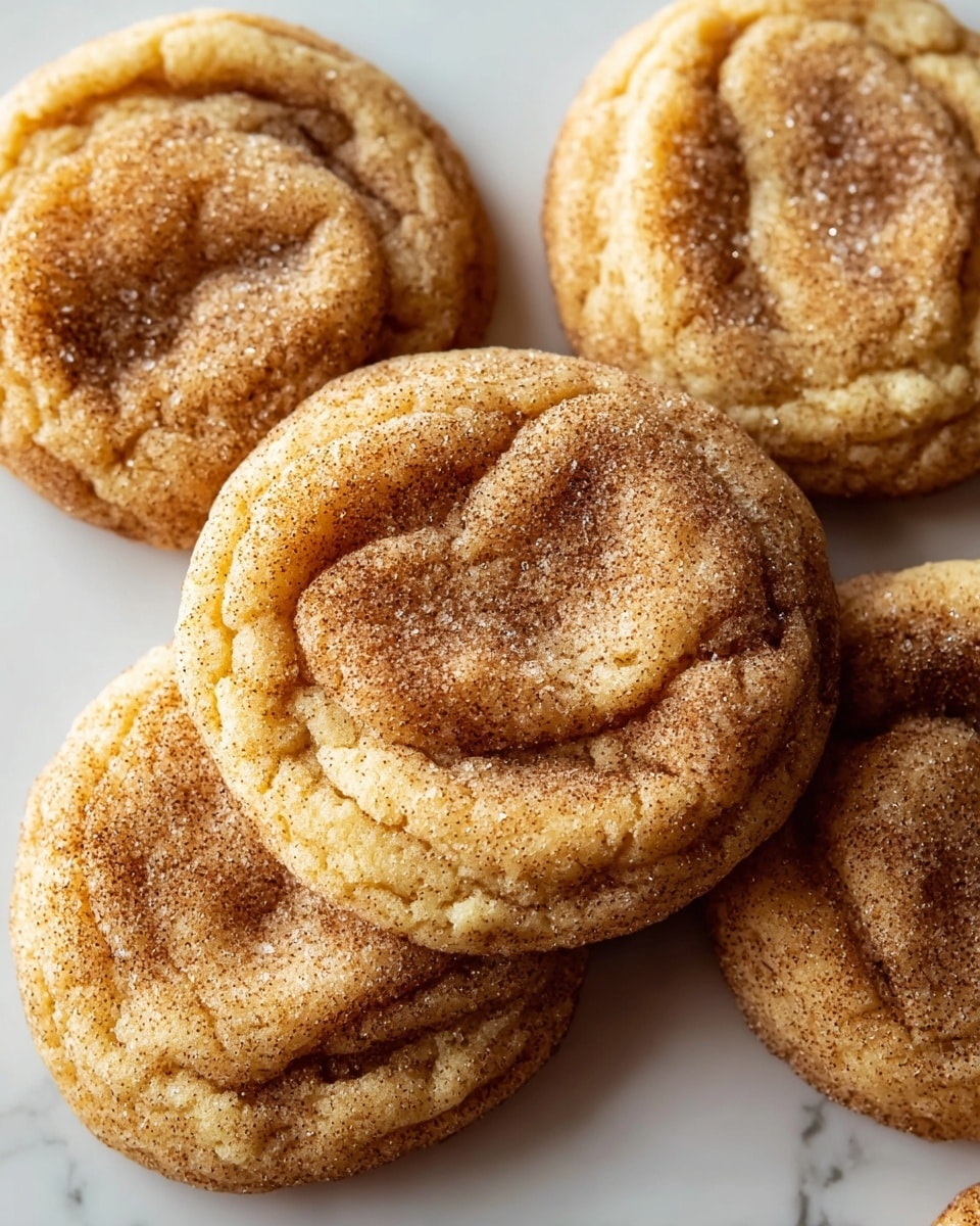 The image shows five soft, round cookies placed directly on a white marbled surface. Each cookie has a slightly crinkled texture with a golden-brown color and is covered with a light coating of sugar and cinnamon, giving them a sparkly look. The cookies have a subtly puffy shape with gentle folds and creases that create a layered, almost cloud-like effect on the top. The overall appearance is warm and inviting, highlighting the sugary cinnamon dusting that contrasts with the smooth and baked dough. photo taken with an iphone --ar 4:5 --v 7