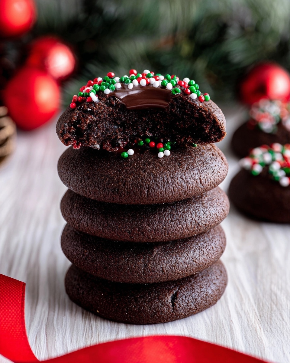 A stack of five thick, round dark chocolate cookies sits on a white wooden surface with a white marbled texture background. The top cookie is broken in half, revealing a shiny, smooth, dark chocolate center topped with small red, green, and white round sprinkles. The cookies have a soft but dense texture with a slightly rough outer layer. Nearby, a bright red ribbon curves across the bottom left corner, and blurred red Christmas ornaments and dark green pine needles are visible in the background. photo taken with an iphone --ar 4:5 --v 7