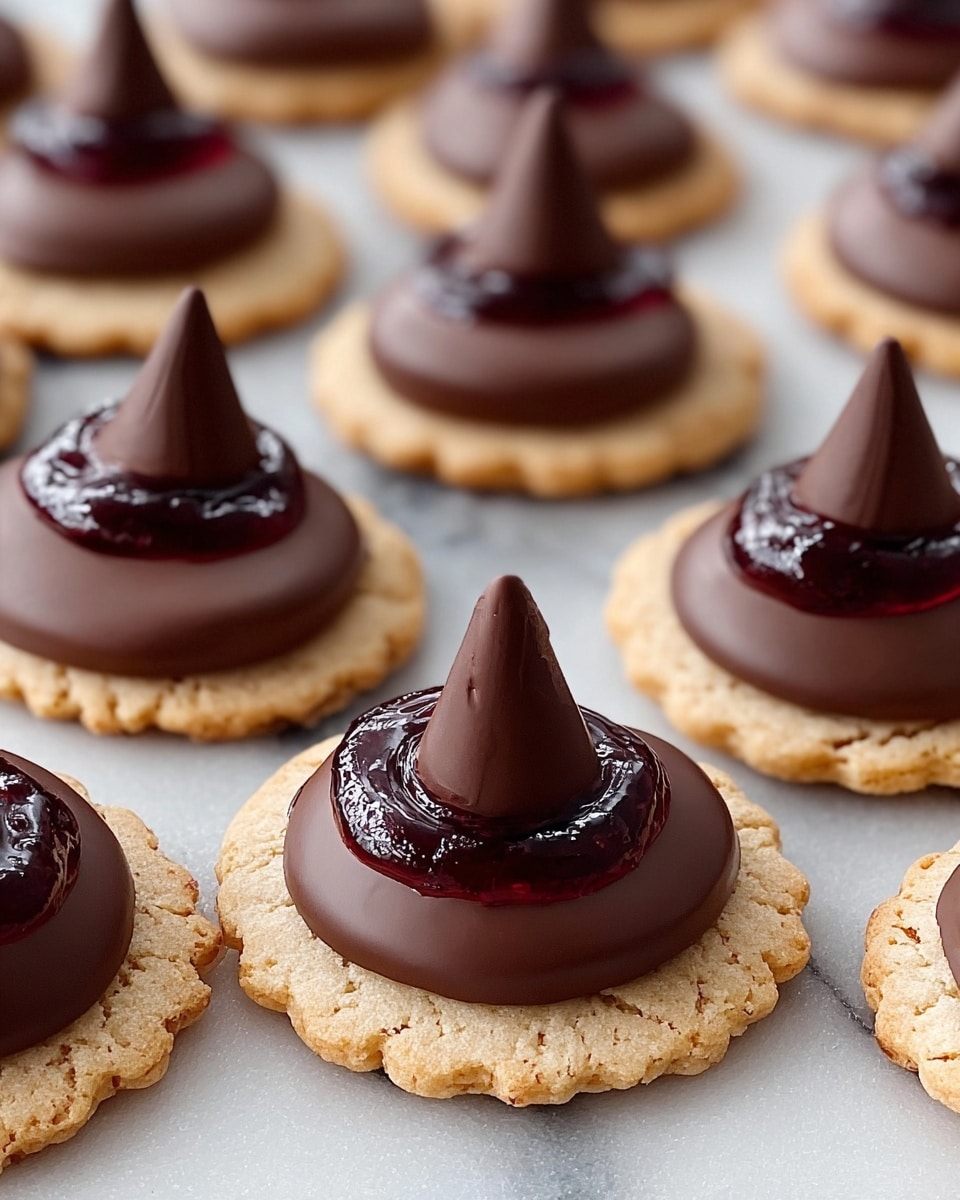 The image shows several cookies arranged in rows on a white marbled surface. Each cookie has three layers: the bottom layer is a beige, round biscuit with scalloped edges; the middle layer is a thick, smooth, dark brown chocolate coating covering the biscuit; the top layer is a chocolate drop shaped like a small cone placed in the center of the chocolate layer, surrounded by a thin ring of glossy dark red jam. The cookies have a neat and uniform appearance. photo taken with an iphone --ar 4:5 --v 7