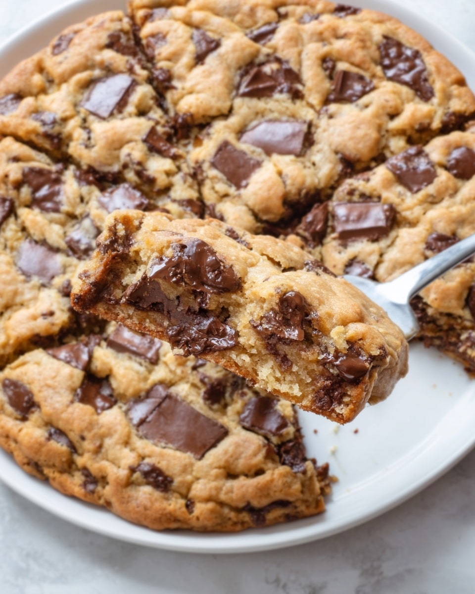 A close-up image showing a large, golden brown chocolate chip cookie broken into pieces, with visible dark chocolate chunks throughout. A woman's hand is holding a square piece of the cookie, slightly lifted above the rest of the cookie in the white marbled background. The cookie has a rough, cracked surface and a soft, chewy texture inside, showing the contrast between the crispy outside layer and the moist inside. photo taken with an iphone --ar 4:5 --v 7