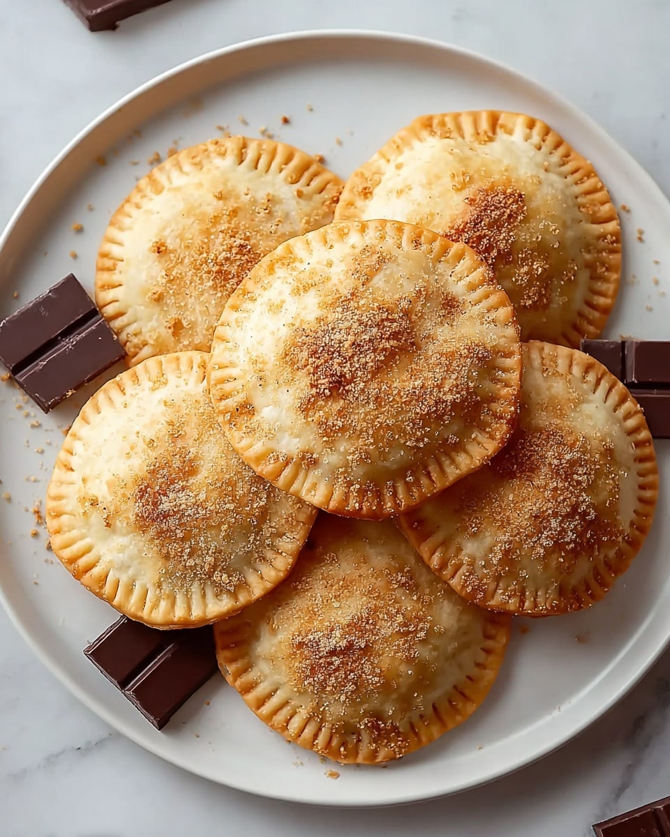 The image shows a white plate filled with six round, golden-brown hand pies stacked in a casual pile. Each hand pie has a crimped edge with a slightly darker golden texture and a dusty sprinkle of light brown crumbs on top. Two small dark chocolate squares rest near the bottom left of the plate, adding a contrast to the light color of the pies. The plate sits on a white marbled surface, enhancing the warm tones of the hand pies. photo taken with an iphone --ar 4:5 --v 7