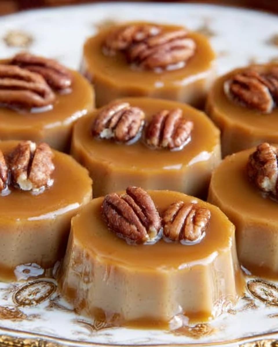 The image shows six small round caramel-colored candies with a smooth, shiny surface and slightly scalloped edges, each topped with a few pieces of pecans scattered on top. The candies sit closely together on an ornate white plate with delicate gold patterns around the edge. The background is a white marbled texture, giving a clean and bright look to the setup. The candies have a rich, glossy texture and the pecans add a rough, crunchy detail on top. Photo taken with an iphone --ar 4:5 --v 7