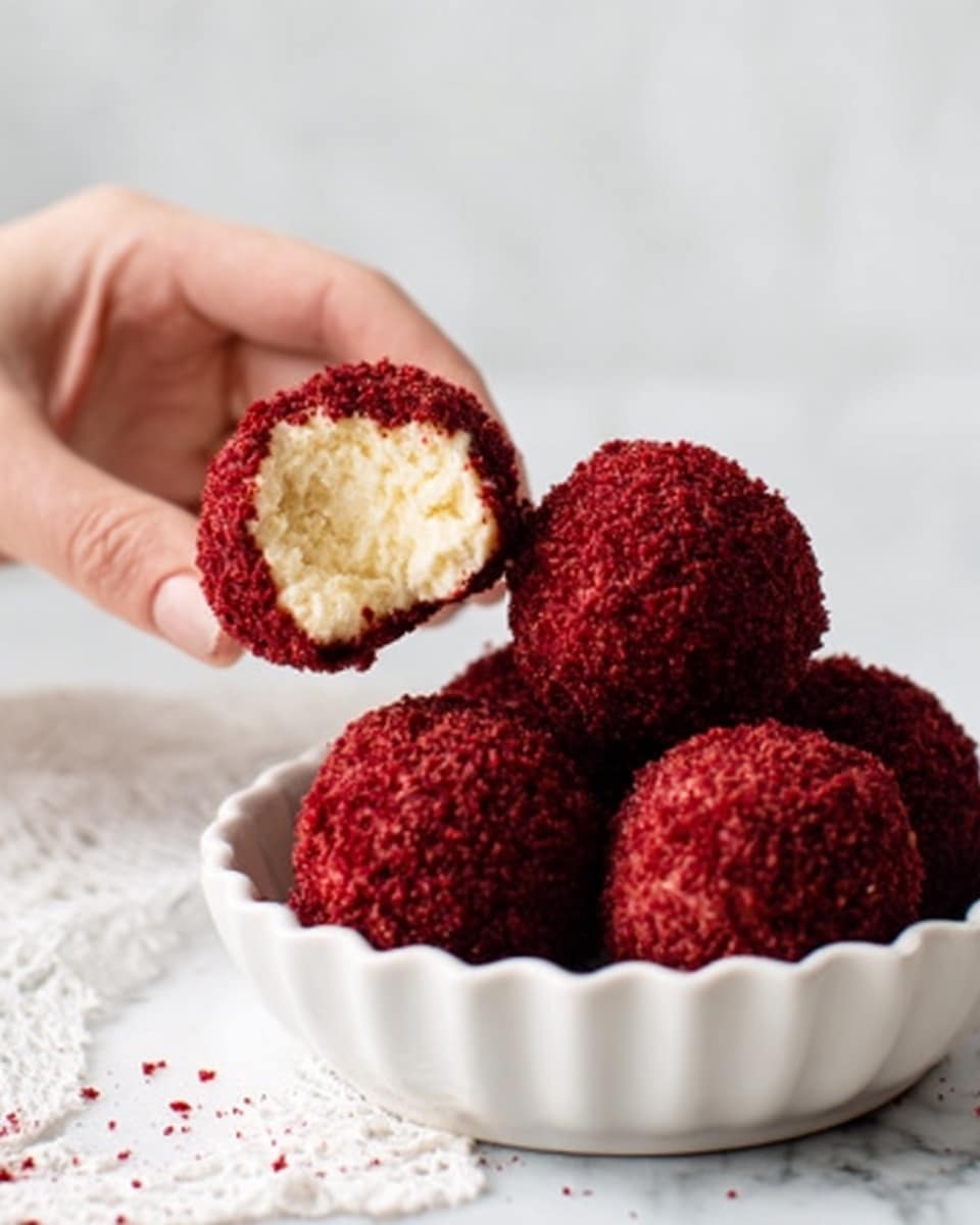 A white scalloped bowl holds six round balls covered in a deep red crumb coating, with one ball partly bitten to show a creamy white inner layer that looks soft and smooth. A woman's hand is holding one ball gently above the bowl. The background is a white marbled surface, creating a clean and bright setting. photo taken with an iphone --ar 4:5 --v 7