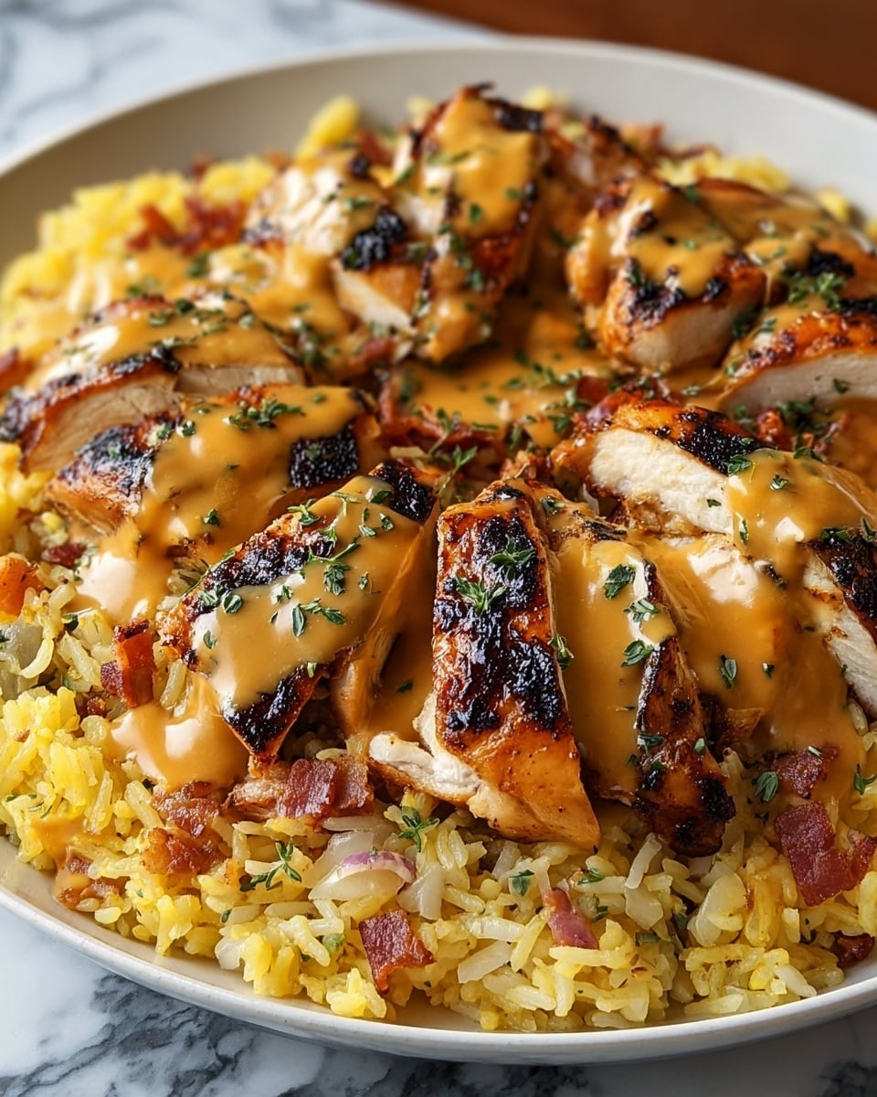 A white plate with a base layer of yellow rice mixed with small chopped vegetables and herbs, giving it a slightly textured look. On top, several pieces of grilled chicken with brown and slightly charred skin are cut open to show white juicy meat inside. The chicken is covered with a golden brown sauce that looks smooth and glossy, with small green herb pieces sprinkled on top for color contrast. Bits of bacon or similar meat are mixed in with the rice, adding some deeper brown patches. The dish looks warm and freshly cooked, sitting on a white marbled surface. photo taken with an iphone --ar 4:5 --v 7